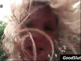 Natural blonde rides dick at the pool