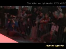 Busty ebony on public stage